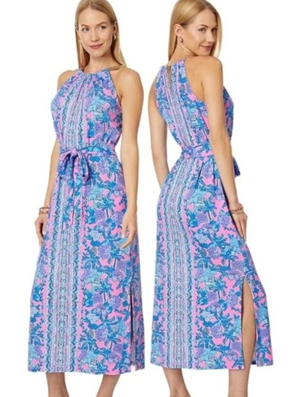 Lilly Pulitzer Bingham Halter Midi Dress-Size Large- Soleil Pink Palm